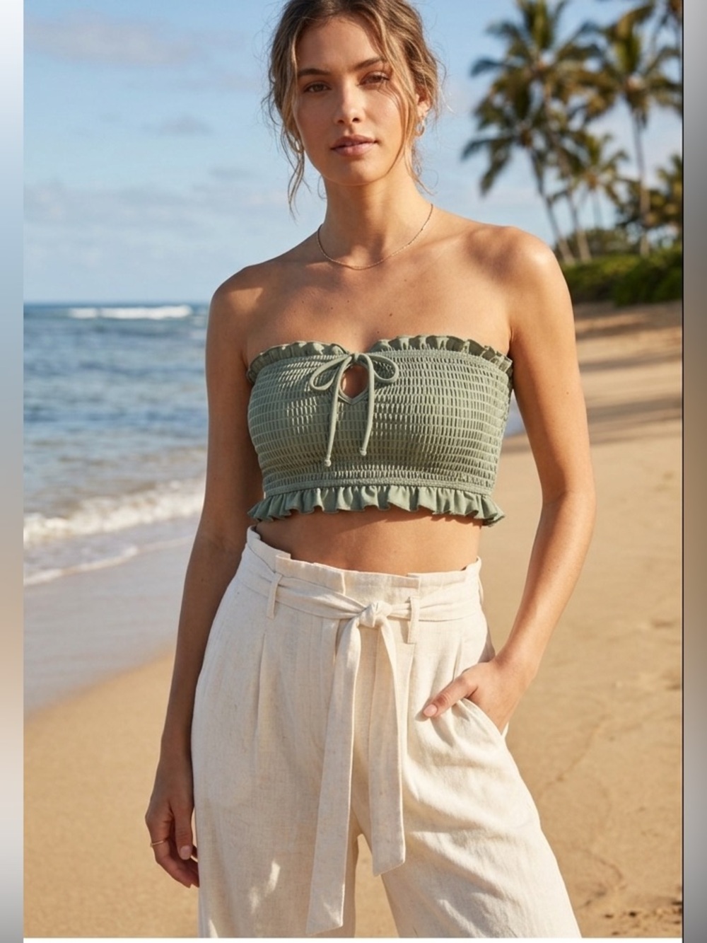 Lost + Wander Mahalo Spirit Strapless Bikini Top Sage Green Large NWT